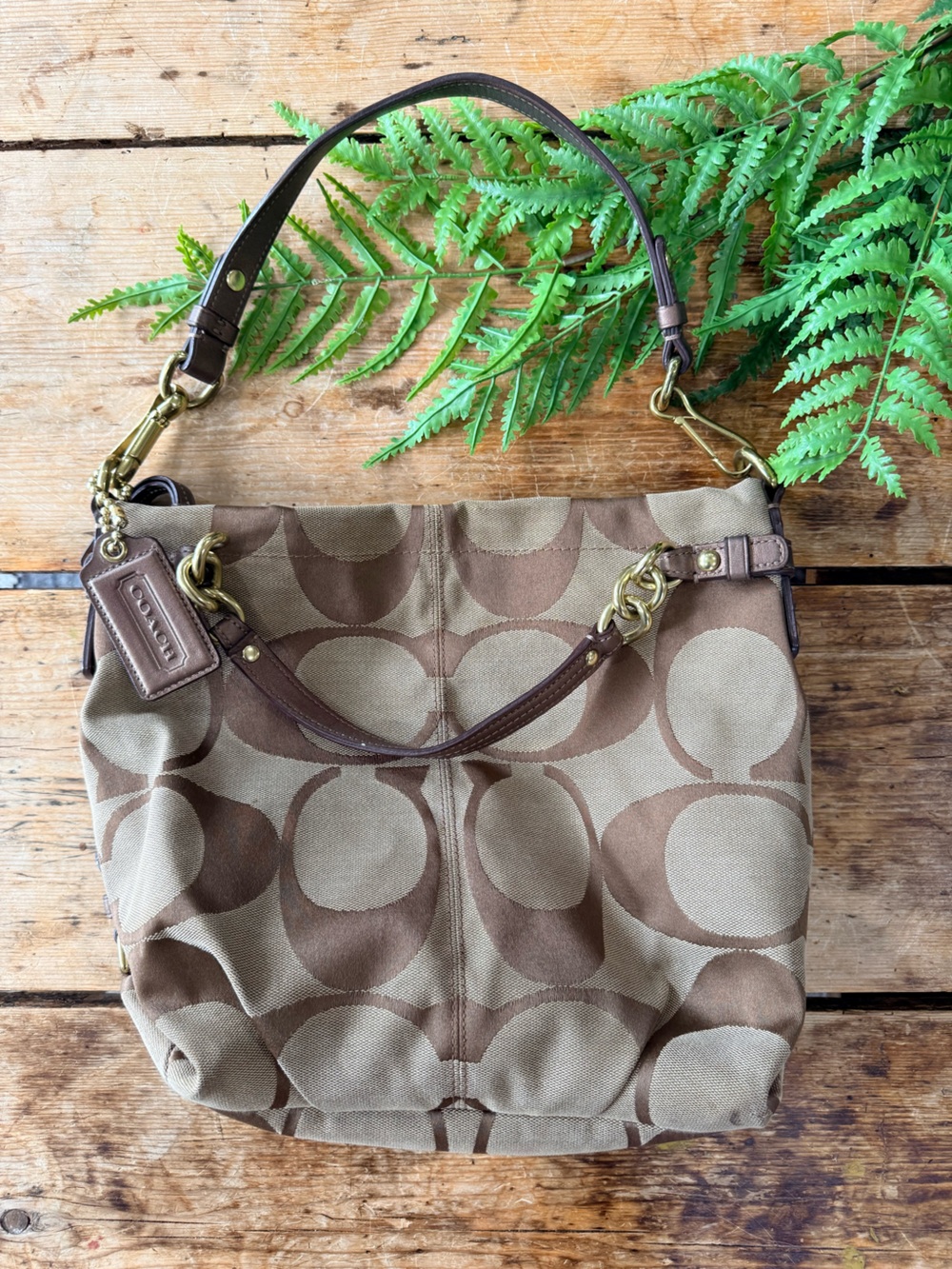 Coach Brown and Tan Canvas Shoulder Bag with Gold Hardware